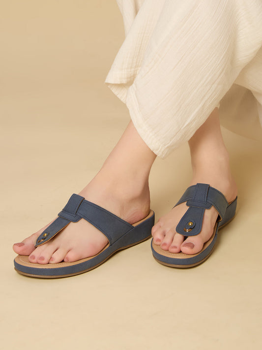 Womens Blue Casual Solid T-Strap Flats