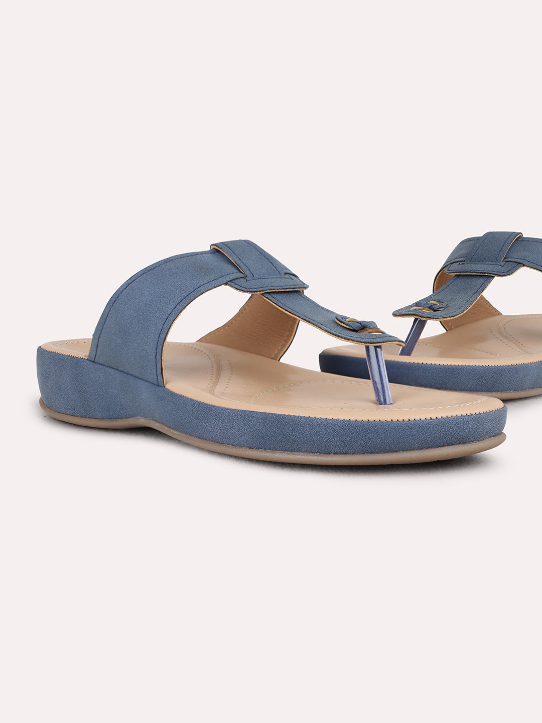 Womens Blue Casual Solid T-Strap Flat Sandals
