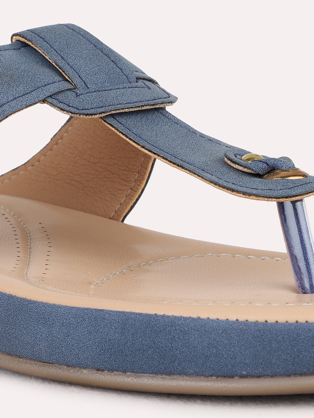 Womens Blue Casual Solid T-Strap Flat Sandals