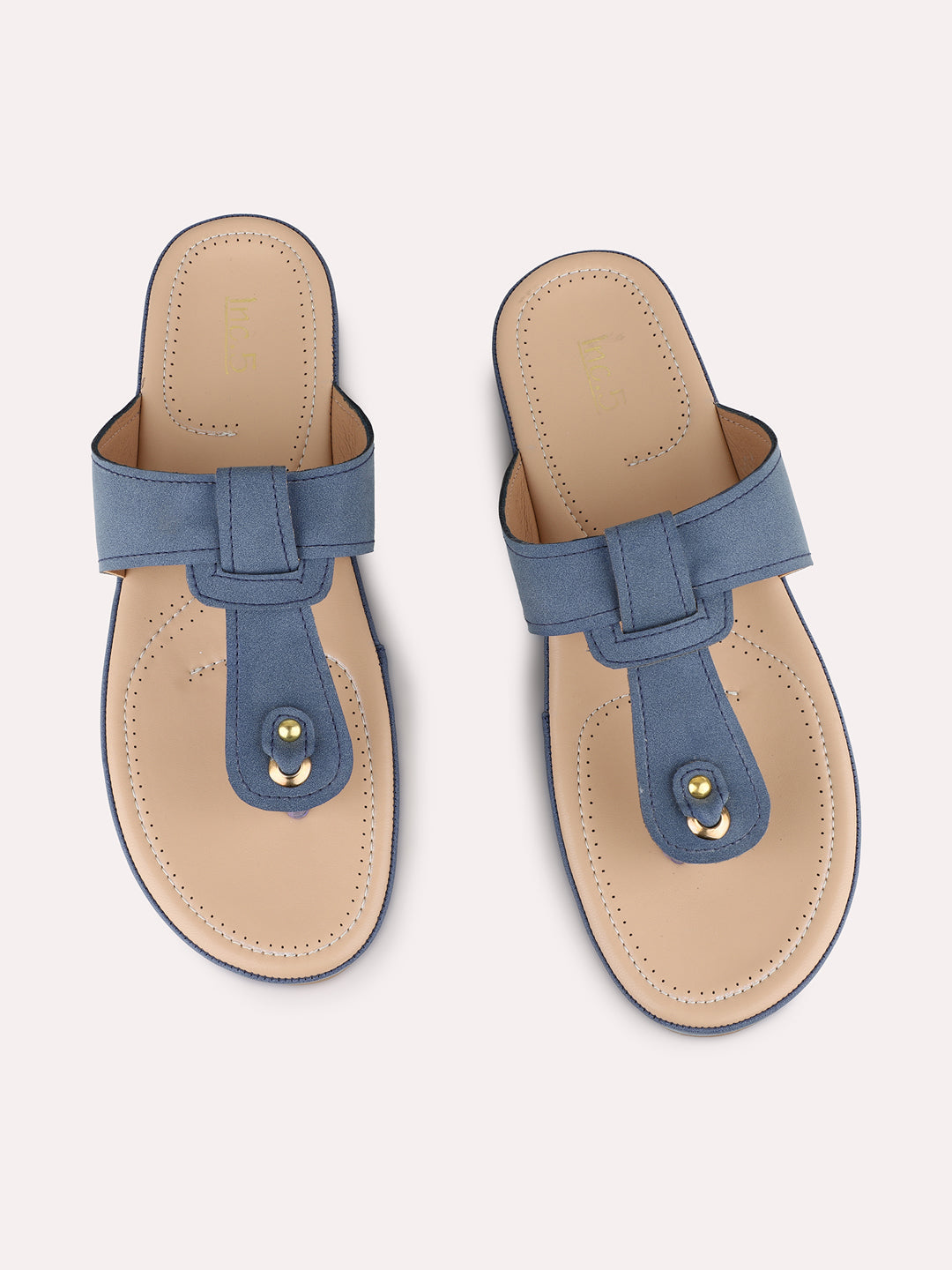 Womens Blue Casual Solid T-Strap Flat Sandals