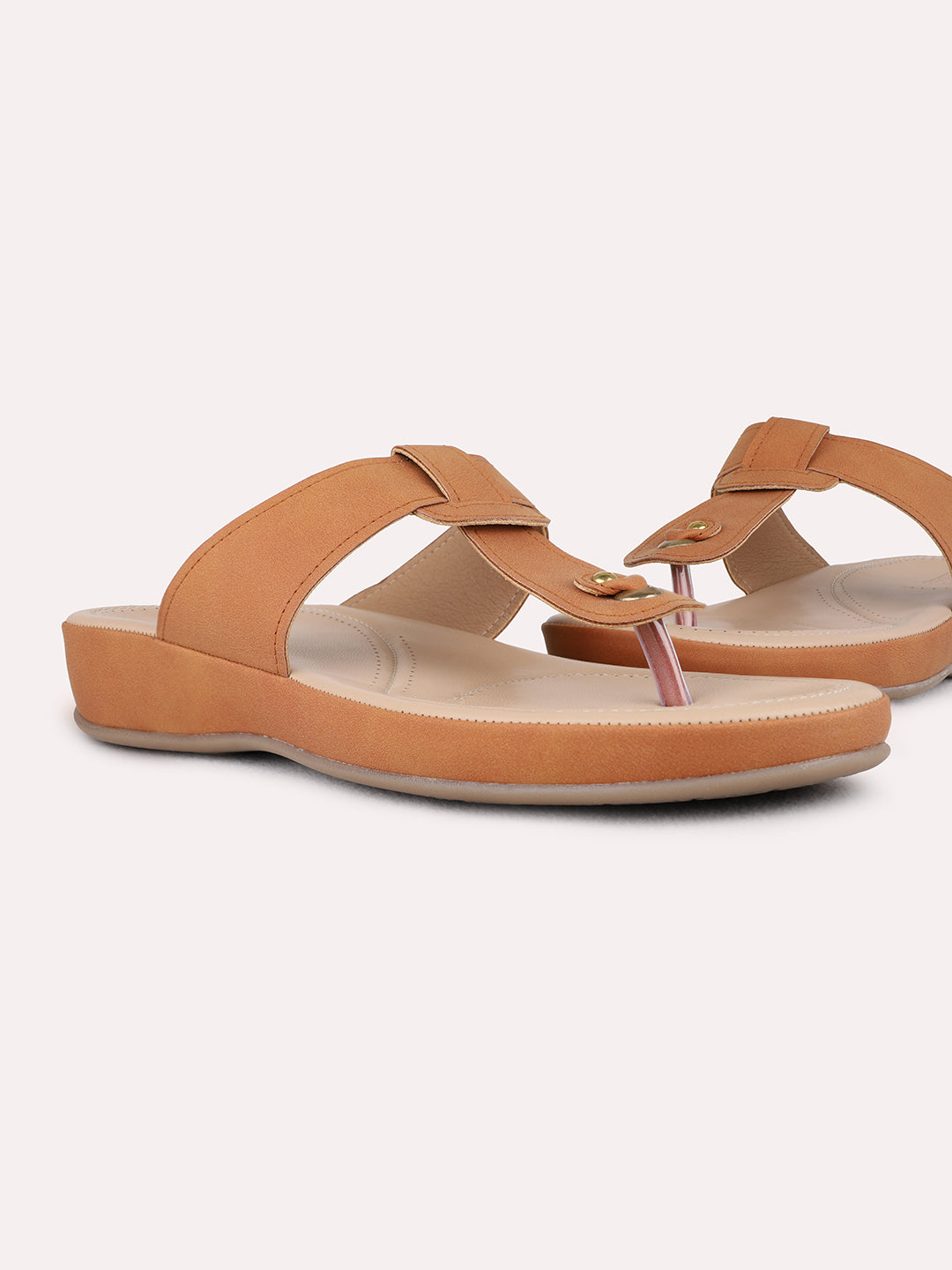 Womens Tan Casual Solid T-Strap Flat Slip-On Sandals