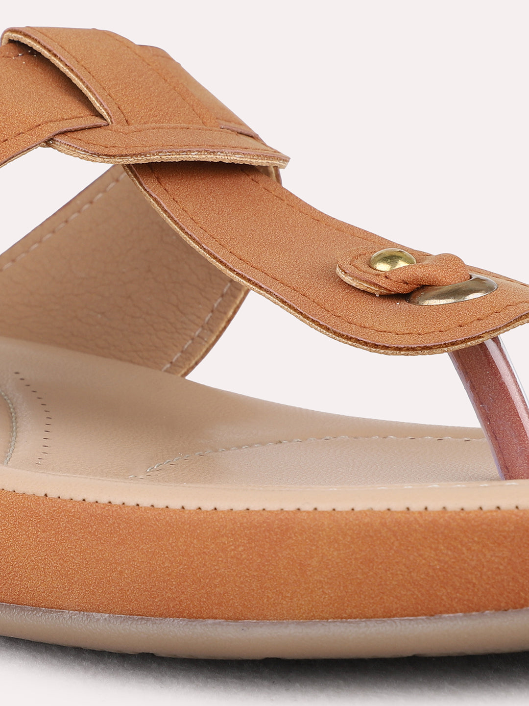 Womens Tan Casual Solid T-Strap Flat Slip-On Sandals