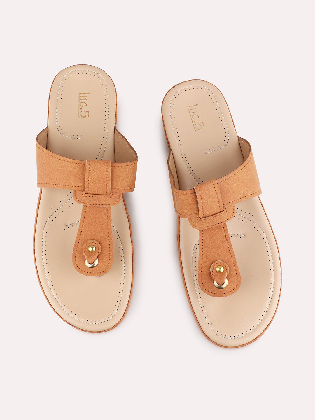 Womens Tan Casual Solid T-Strap Flat Slip-On Sandals