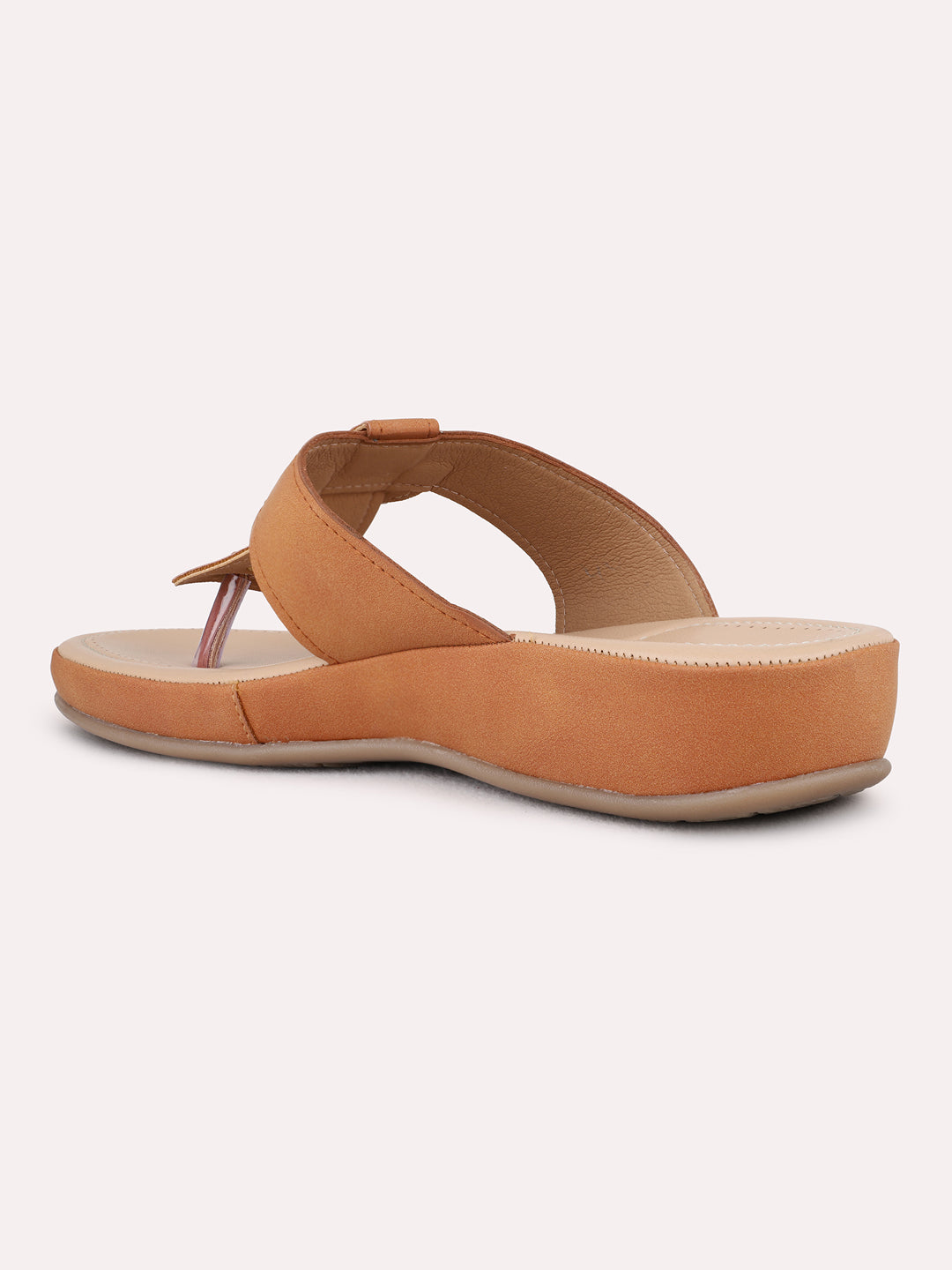 Womens Tan Casual Solid T-Strap Flat Slip-On Sandals