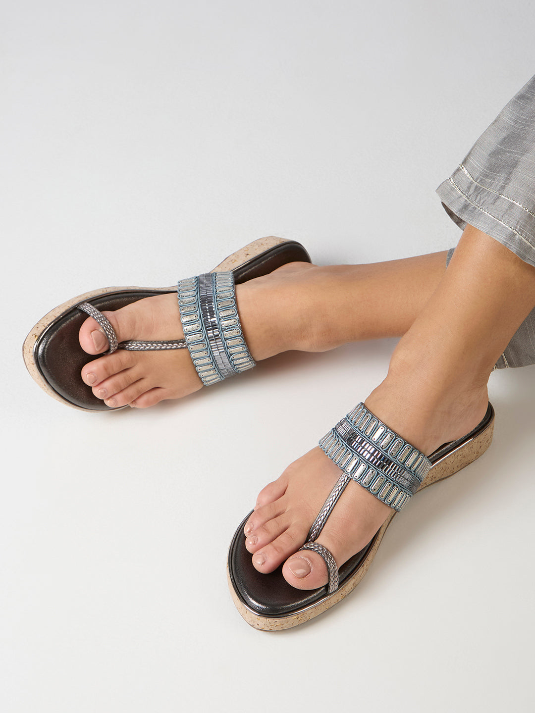 Womens Pewter Party Wear Embellished Round Toe Wedge Heel Sandals