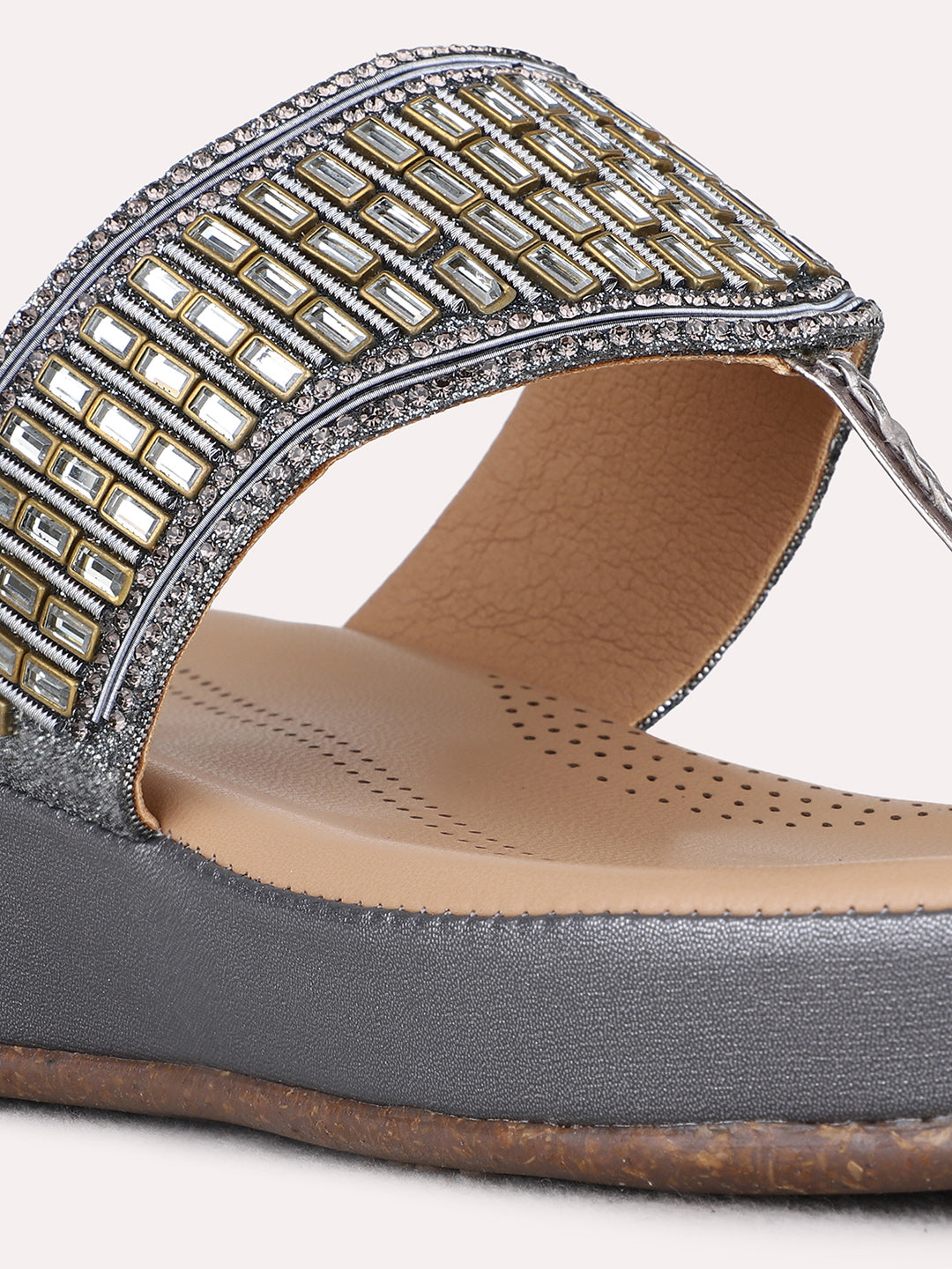 Womens Pewter Party Wear Embellished Round Toe Wedge Heel Sandals