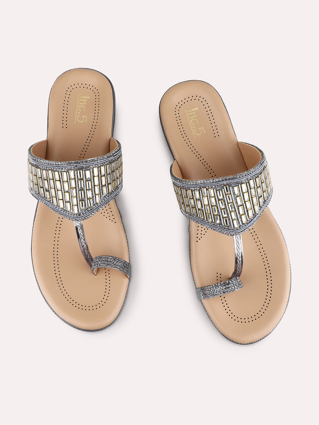 Womens Pewter Party Wear Embellished Round Toe Wedge Heel Sandals