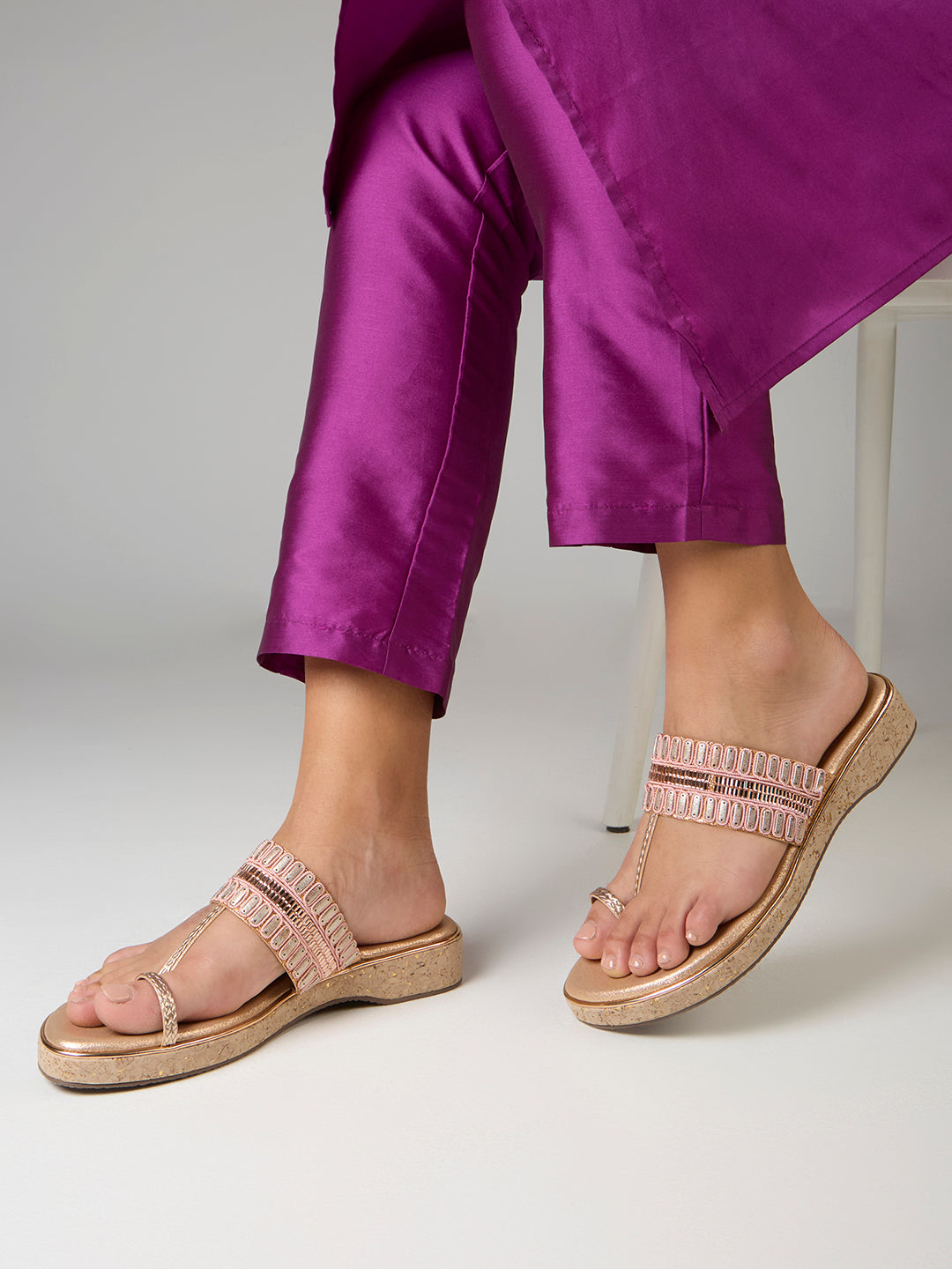 Womens Rose Gold Party Wear Embellished Round Toe Wedge Heel Sandals