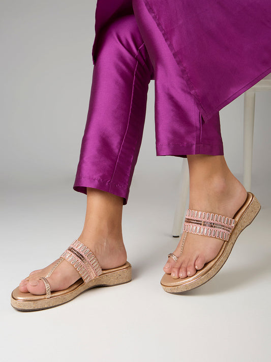 Womens Rose Gold Party Wear Embellished Round Toe Wedge Heels