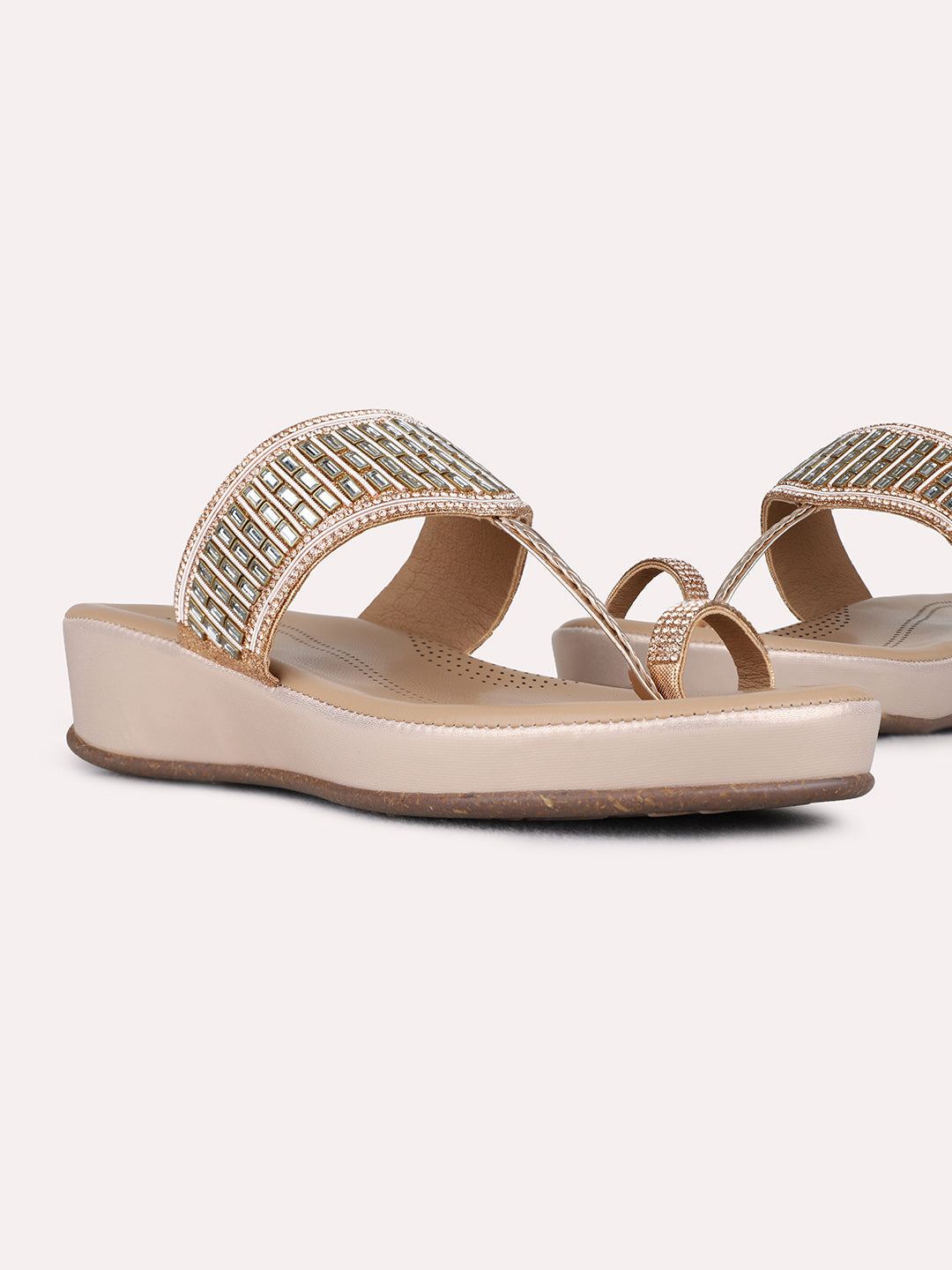 Womens Rose Gold Party Wear Embellished Round Toe Wedge Heel Sandals