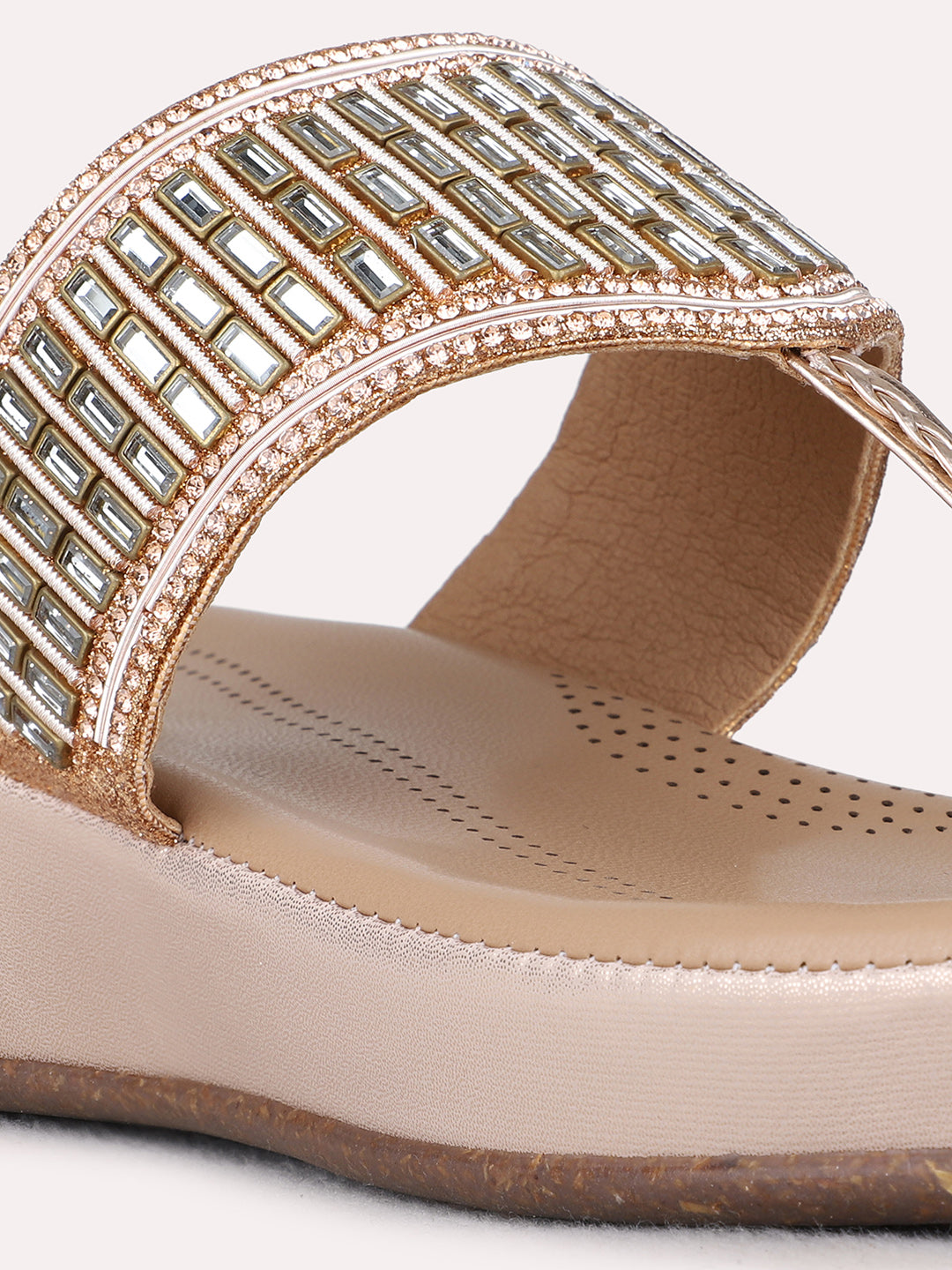 Womens Rose Gold Party Wear Embellished Round Toe Wedge Heels