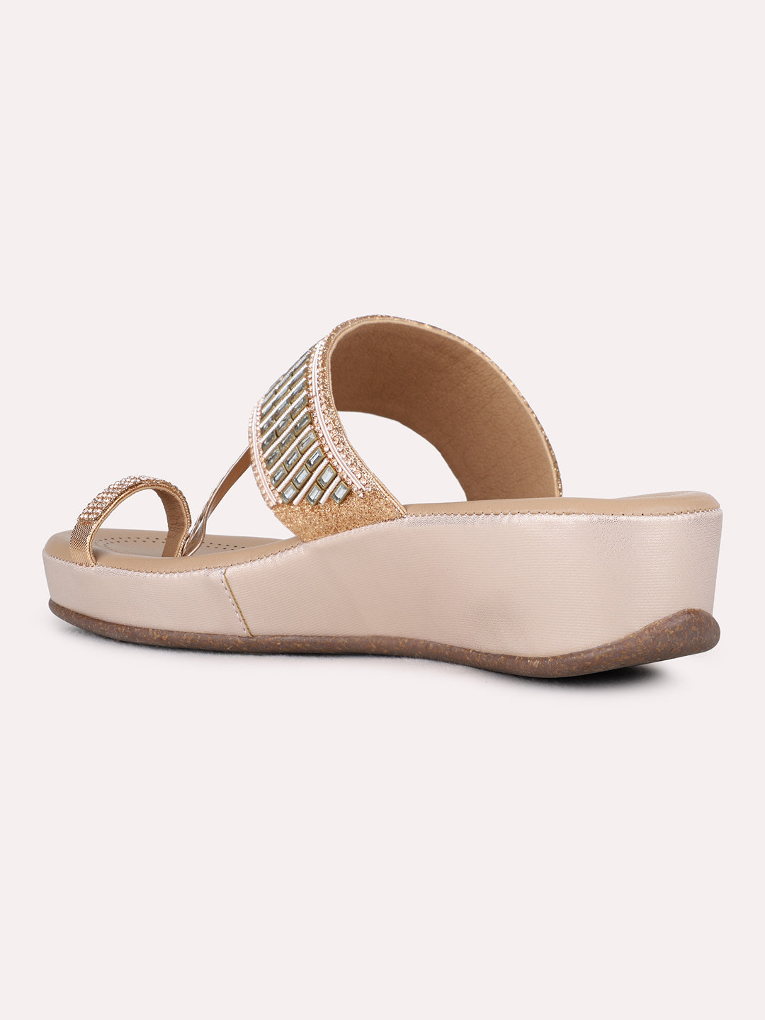 Womens Rose Gold Party Wear Embellished Round Toe Wedge Heels