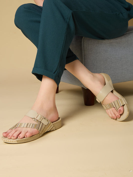 Womens Beige Casual Printed One Toe Flats