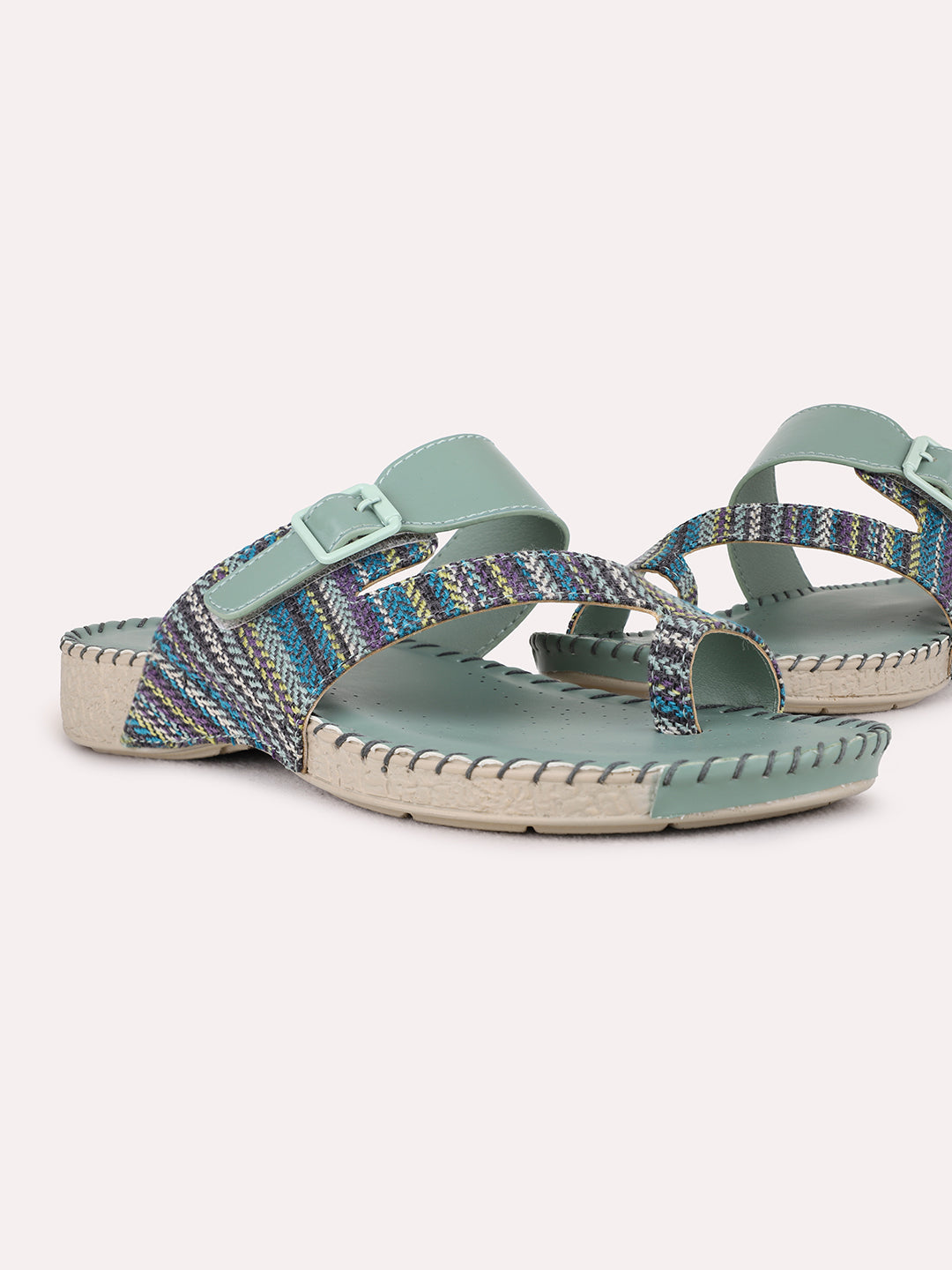 Womens Green Casual Printed One Toe Flat Slip-Ons