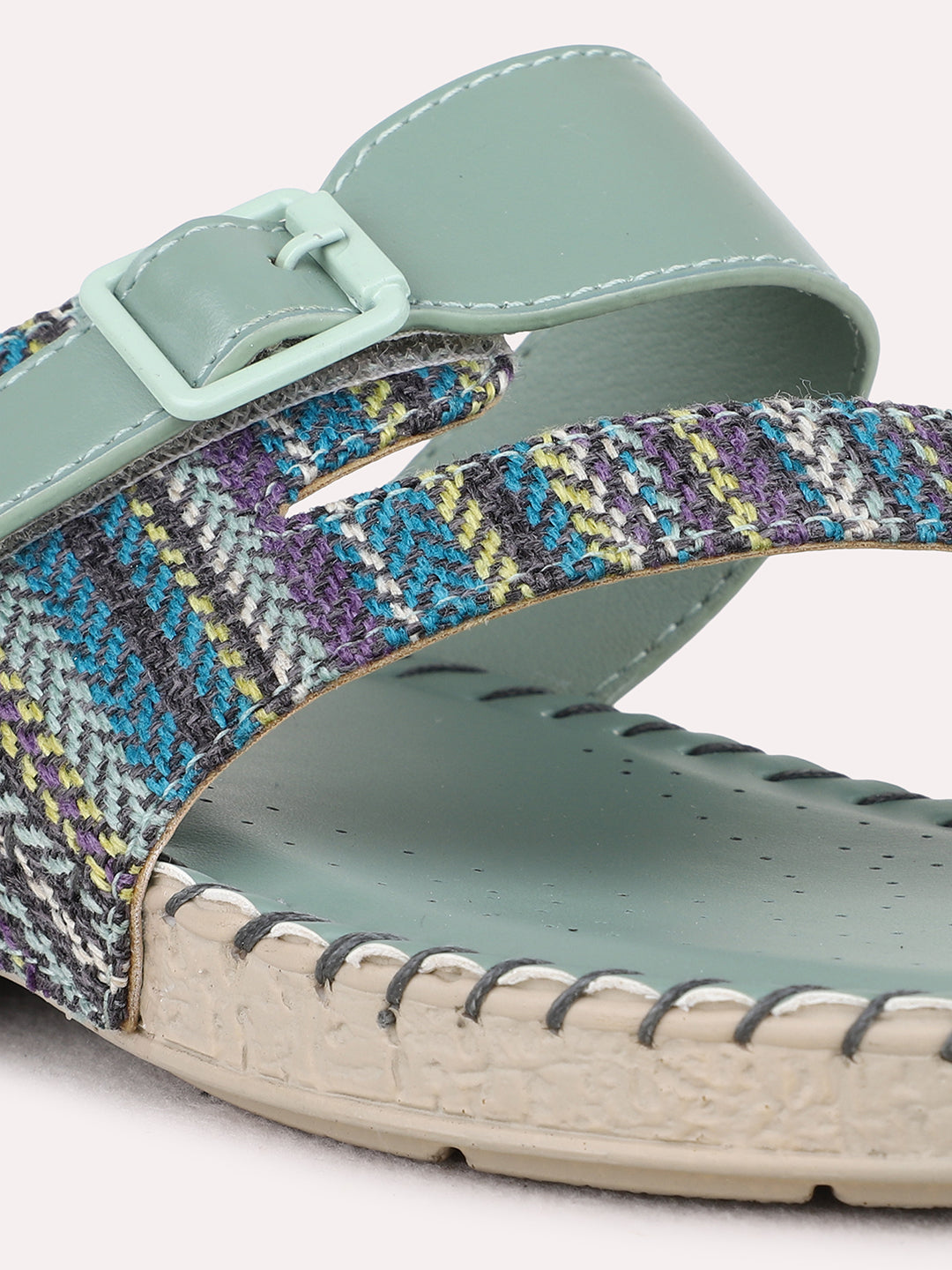 Womens Green Casual Printed One Toe Flat Slip-Ons