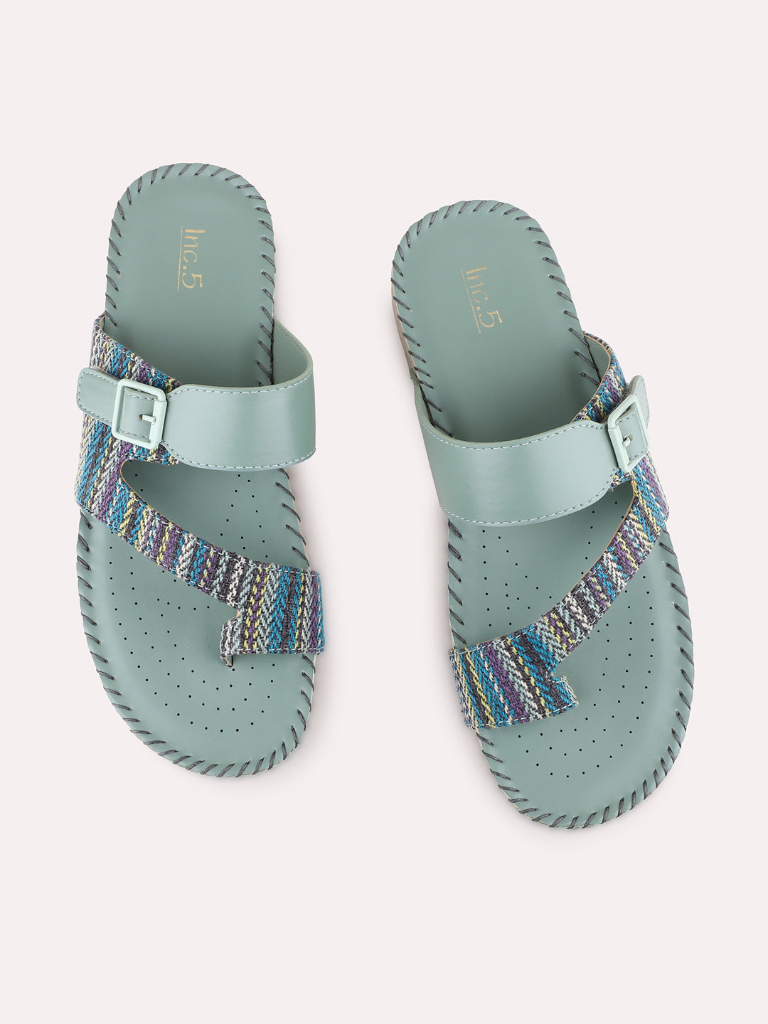 Womens Green Casual Printed One Toe Flat Slip-Ons