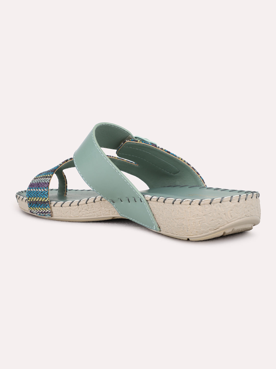 Womens Green Casual Printed One Toe Flat Slip-Ons