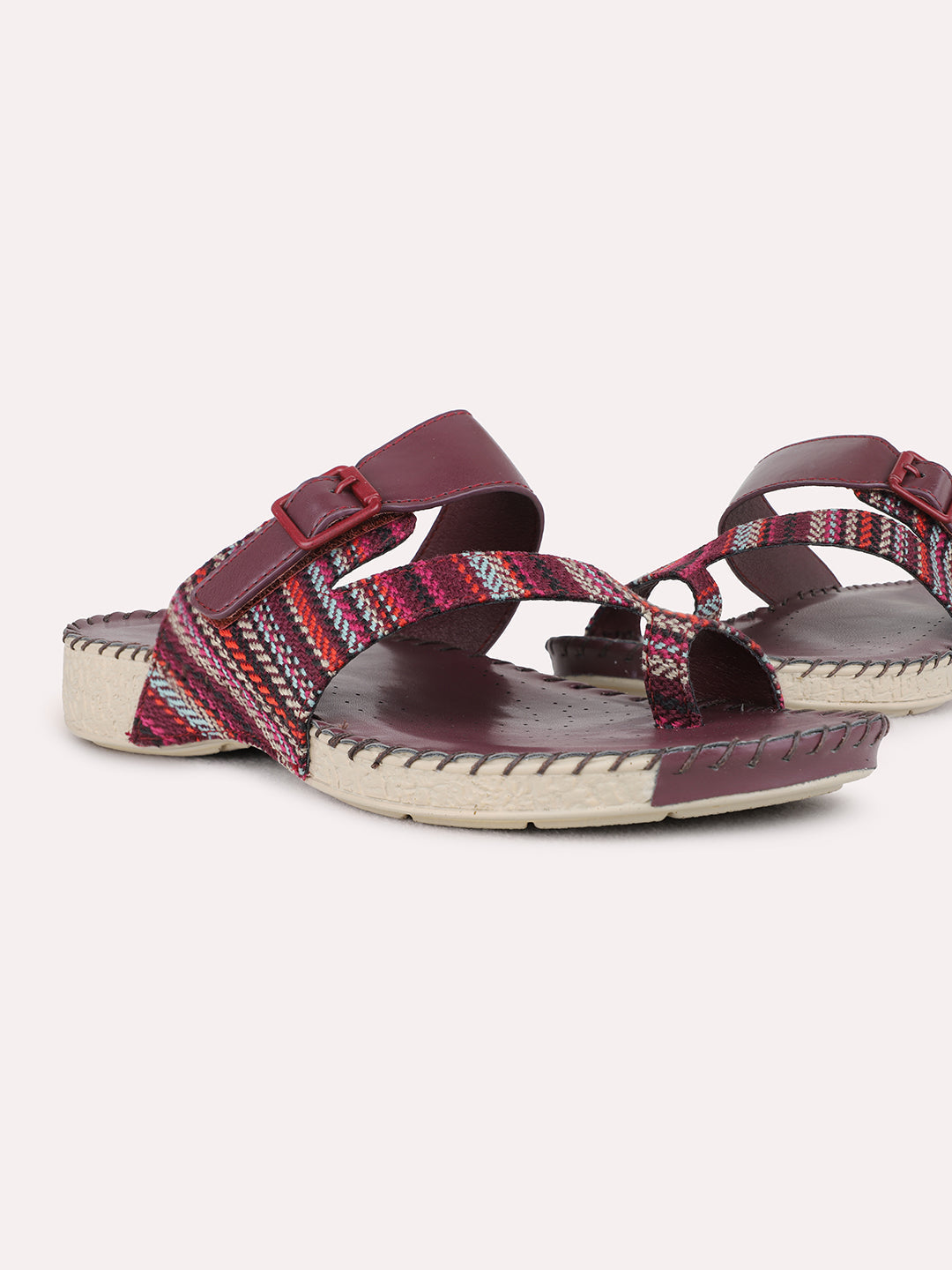 Womens Maroon Casual Printed One Toe Flat Slip-Ons