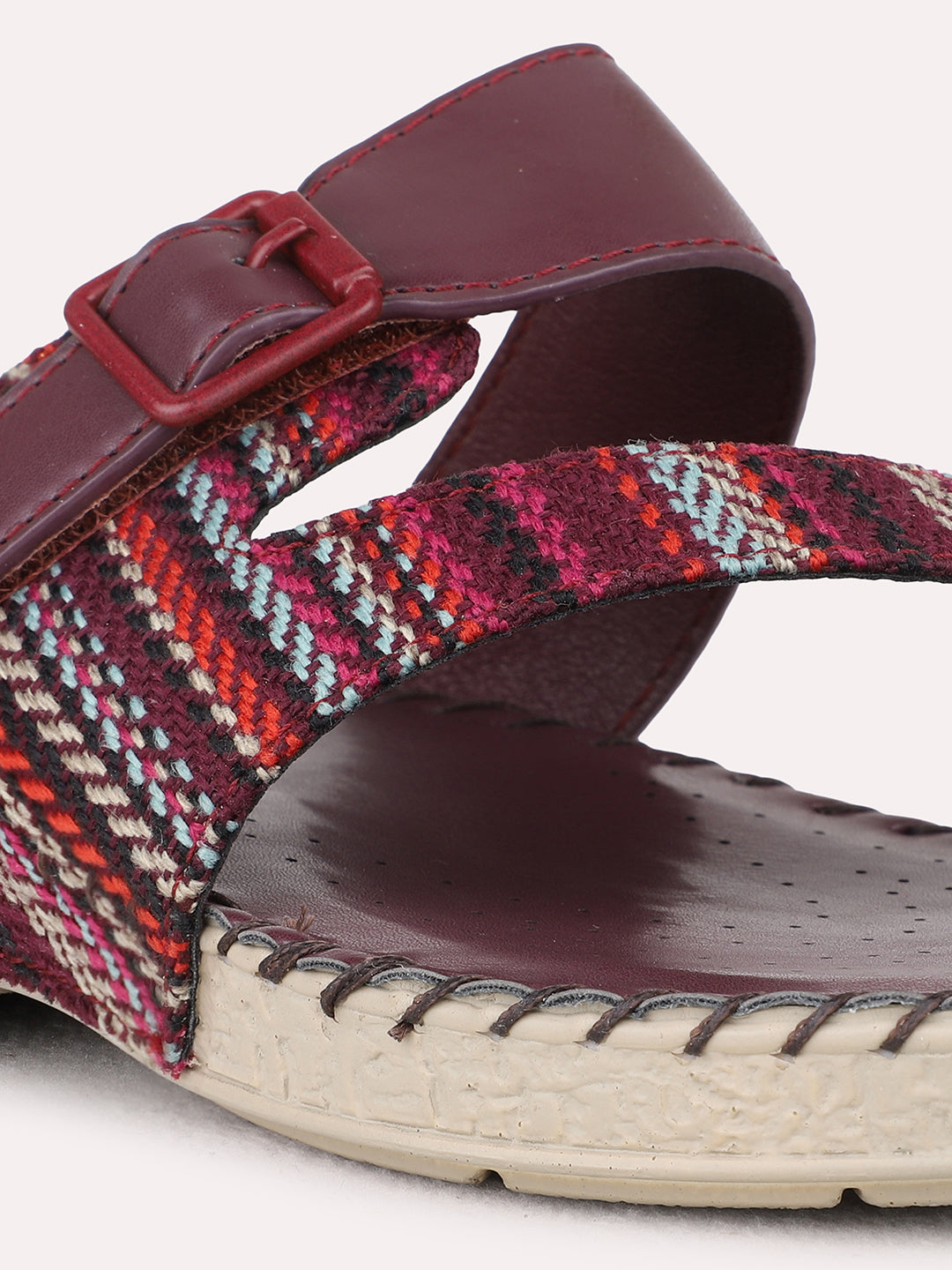 Womens Maroon Casual Printed One Toe Flat Slip-Ons