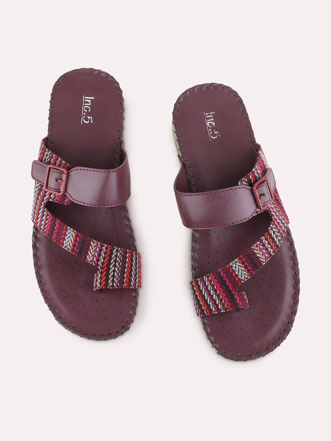 Womens Maroon Casual Printed One Toe Flat Slip-Ons