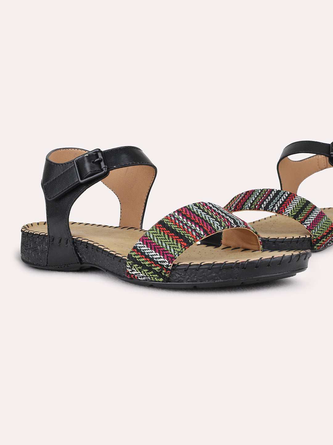 Womens Black Casual Printed Open Toe Flat Slip-Ons