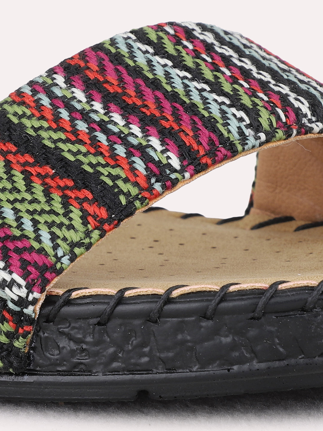 Womens Black Casual Printed Open Toe Flat Slip-Ons