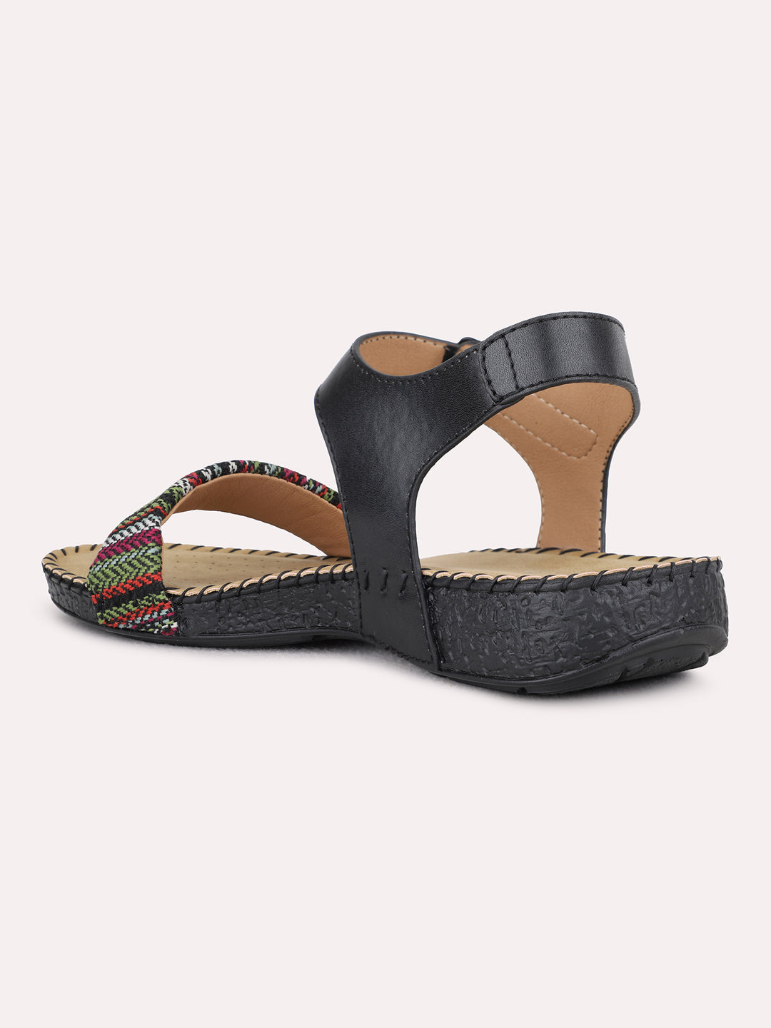 Womens Black Casual Printed Open Toe Flat Slip-Ons