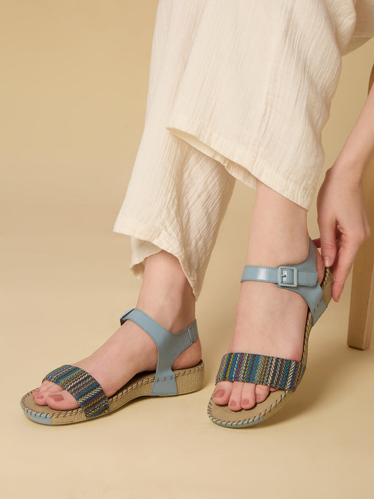 Womens Blue Casual Printed Open Toe Flat Slip-Ons