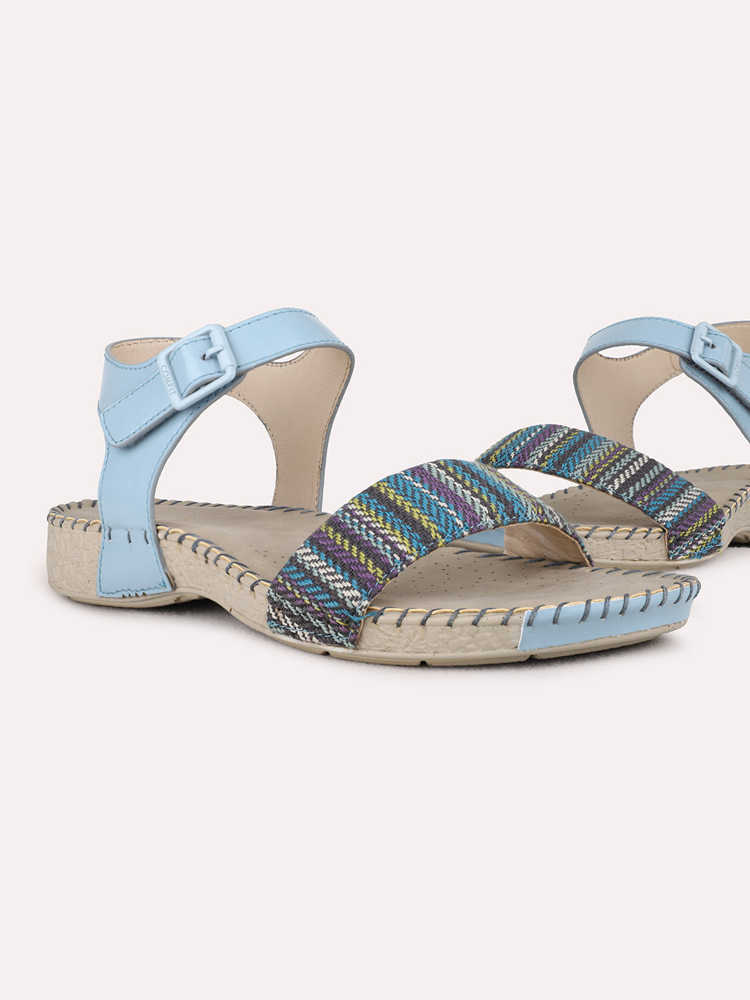 Womens Blue Casual Printed Open Toe Flat Slip-Ons