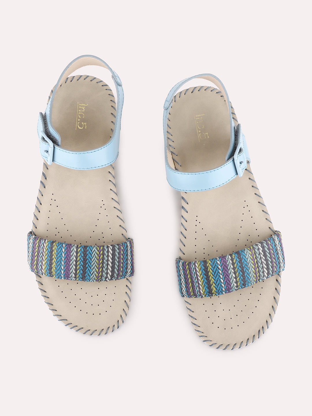 Womens Blue Casual Printed Open Toe Flat Slip-Ons