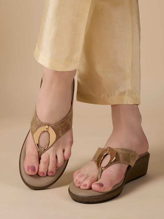 Womens Beige Party Wear Solid Round Toe Wedge Heels