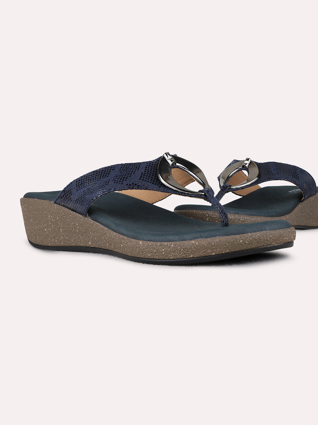 Womens Navy Party Wear Solid Round Toe Wedge Heel Sandals
