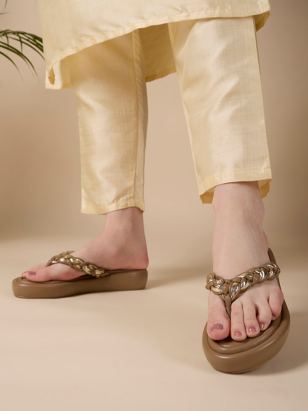 Womens Beige Party Wear Solid T-Strap Flats