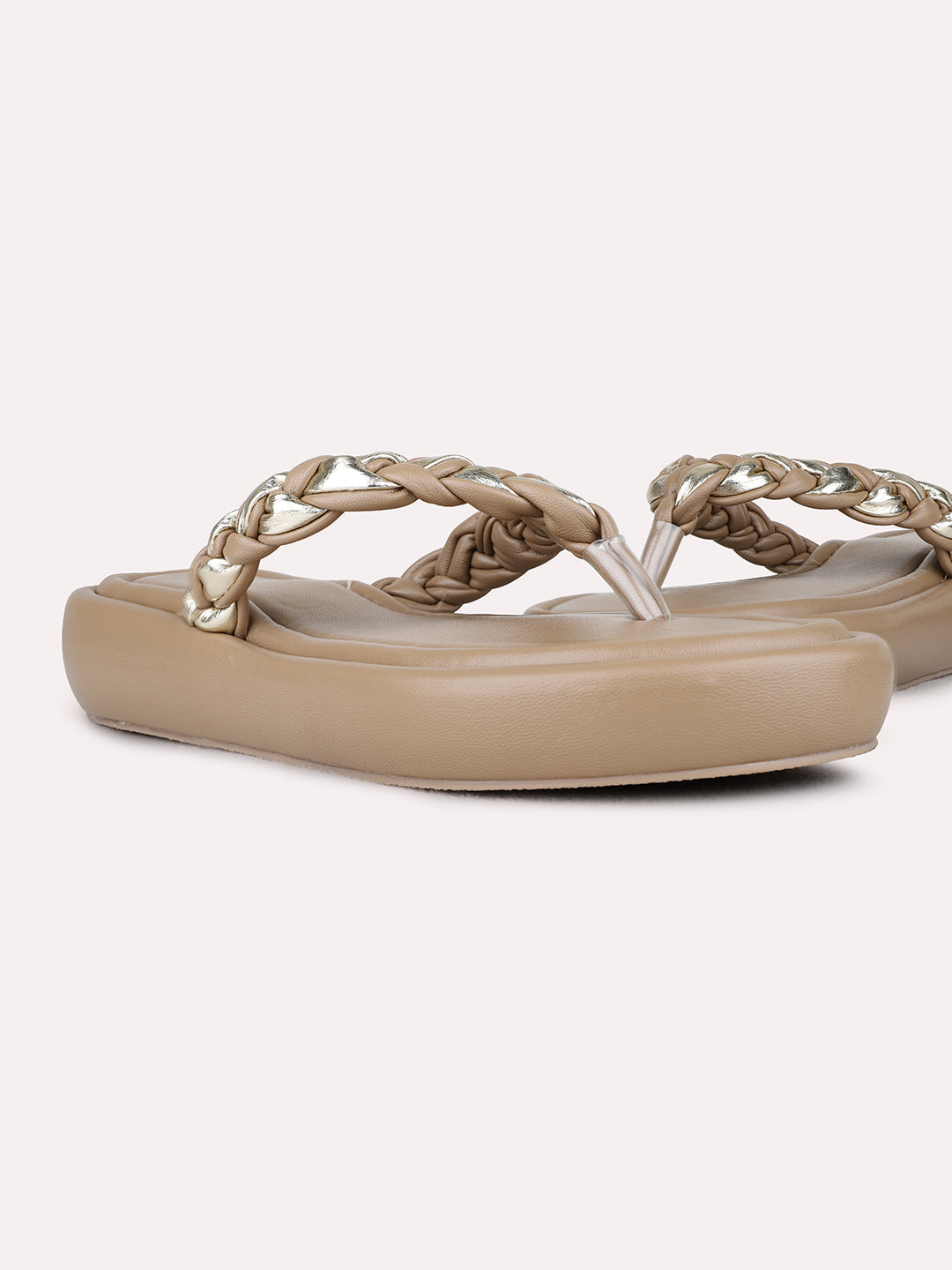 Womens Beige Party Wear Solid T-Strap Flat Slip-On Sandals
