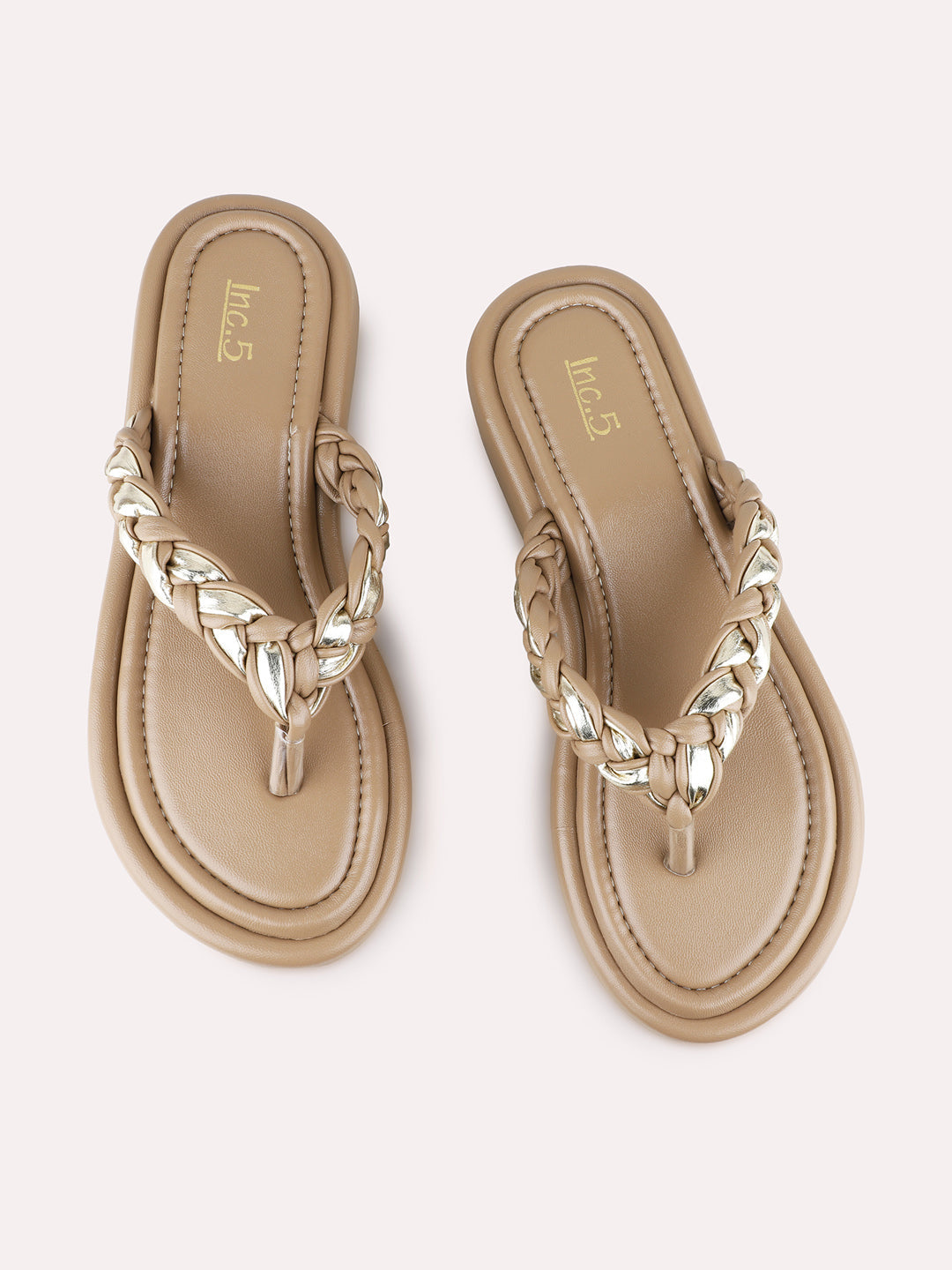 Womens Beige Party Wear Solid T-Strap Flats