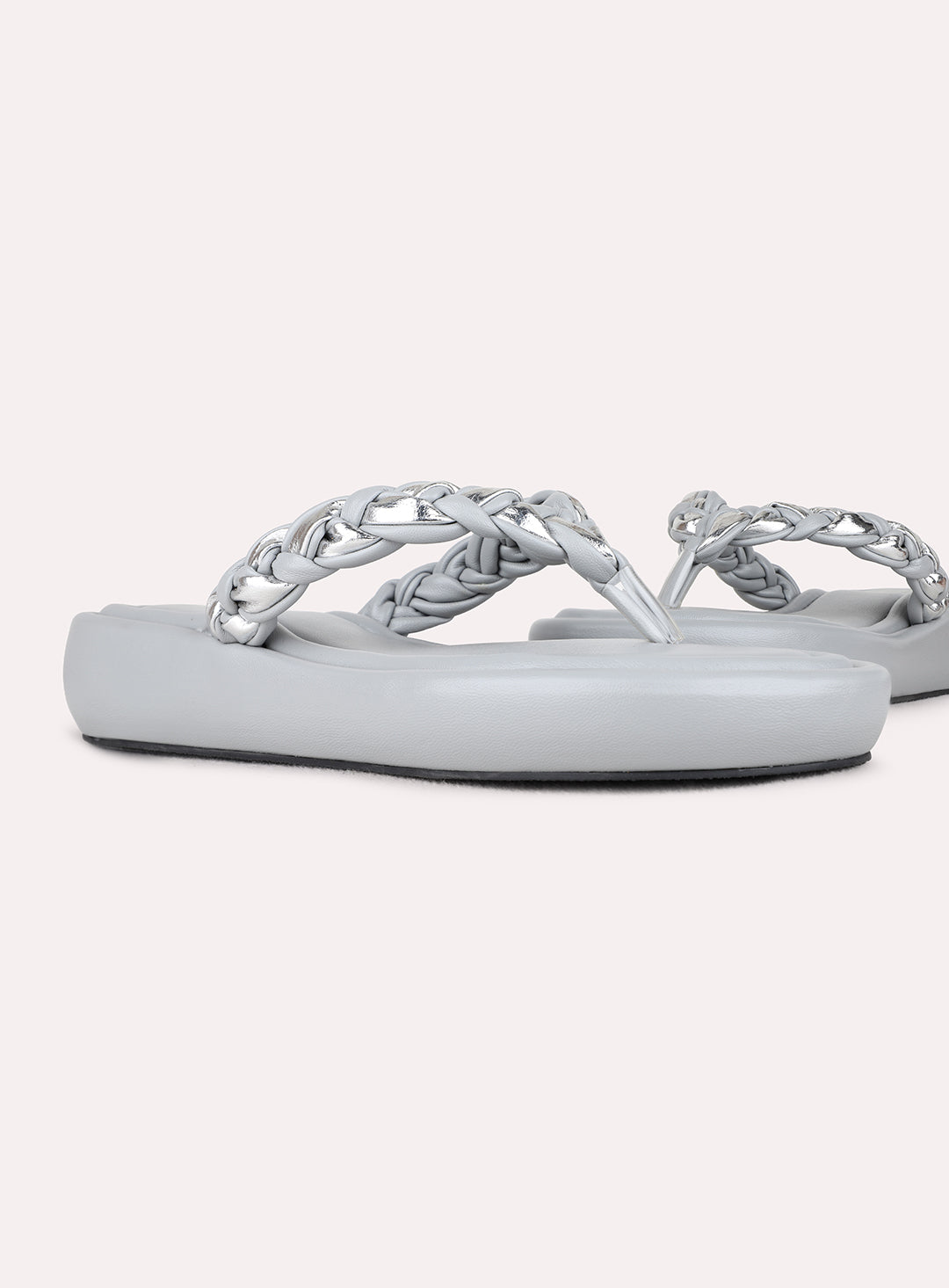 Womens Grey Party Wear Solid T-Strap Flat Slip-On Sandals