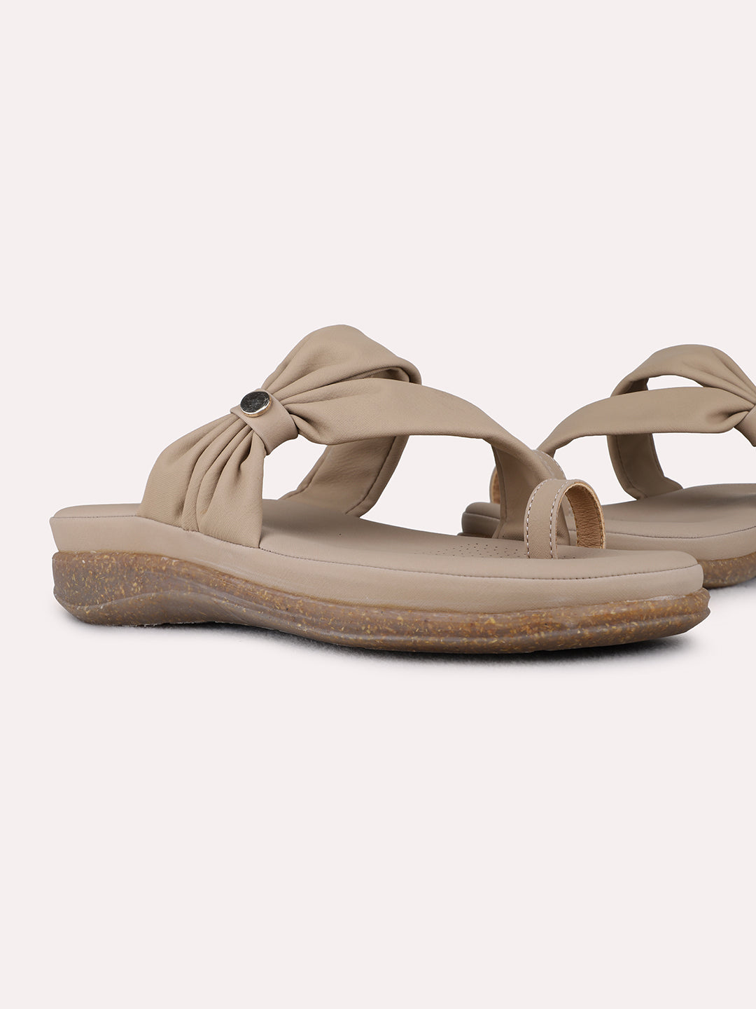 Womens Beige Casual Solid One Toe Flat Slip-On Sandals