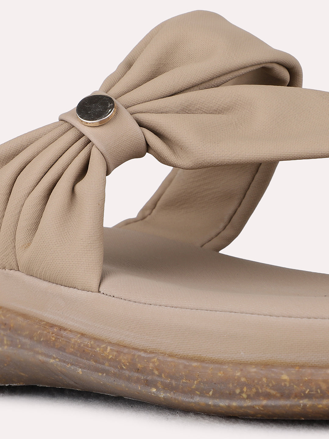 Womens Beige Casual Solid One Toe Flat Slip-On Sandals