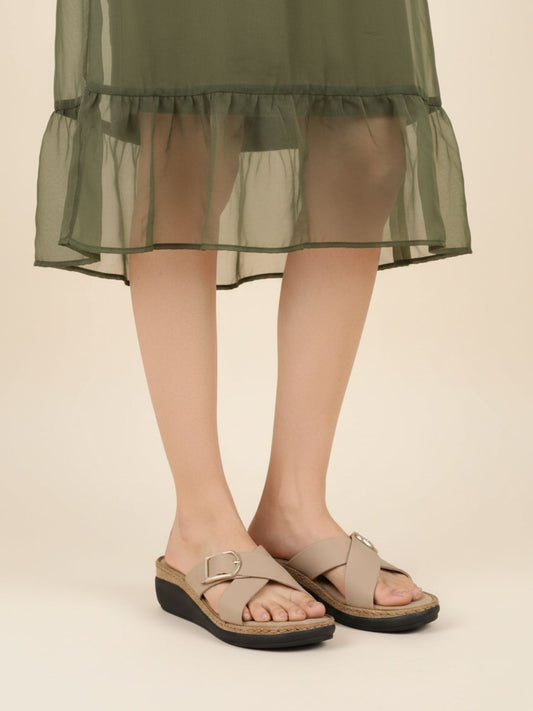 Womens Camel Brown Party Wear Solid Round Toe Wedge Heels