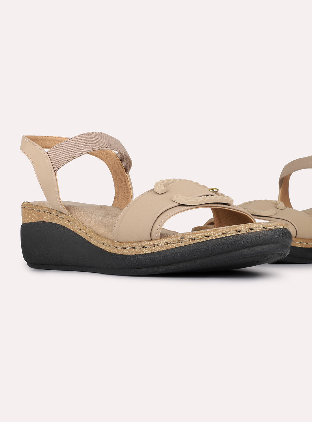Womens Tan Casual Solid Pattern Round Toe Wedge Heels