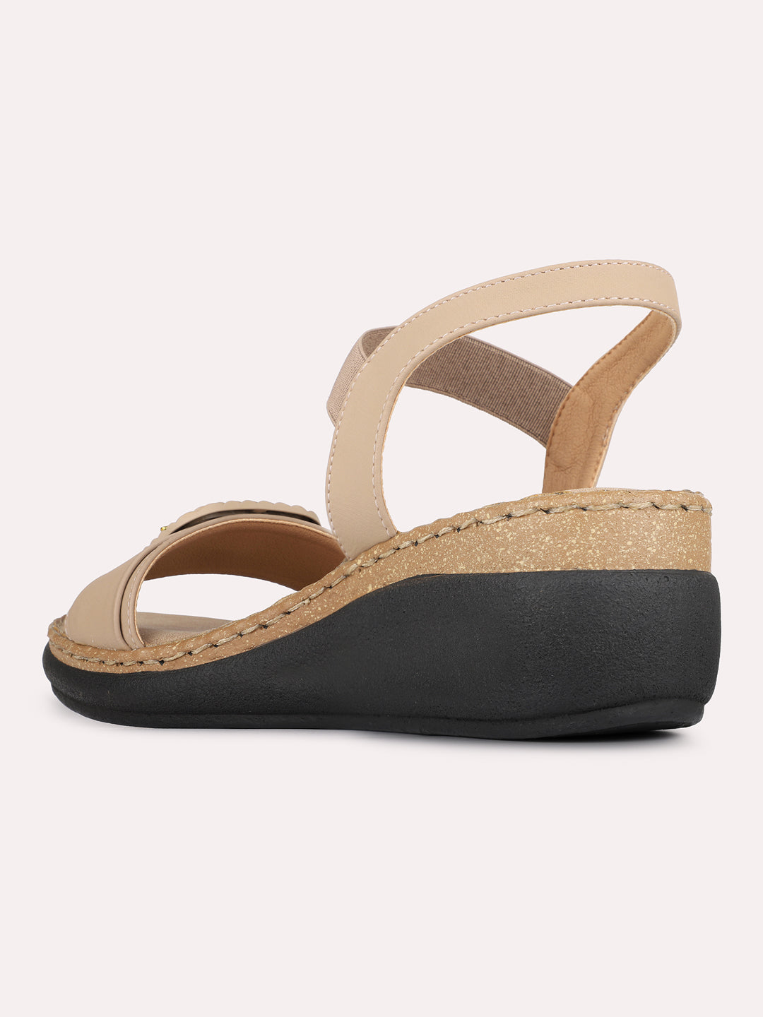 Womens Tan Casual Solid Pattern Round Toe Wedge Heels