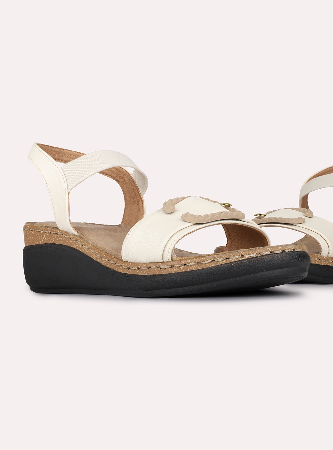 Womens Cream Casual Solid Pattern Round Toe Wedge Heels