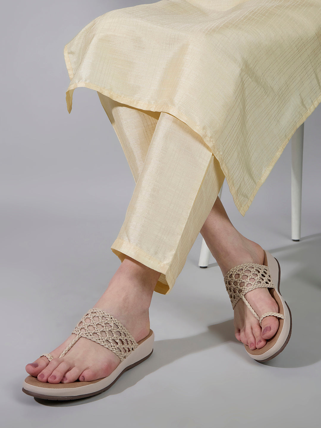 Womens Beige Casual Solid T-Strap Flat Sandals