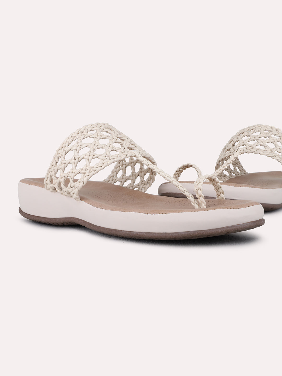 Womens Beige Casual Solid T-Strap Flat Sandals