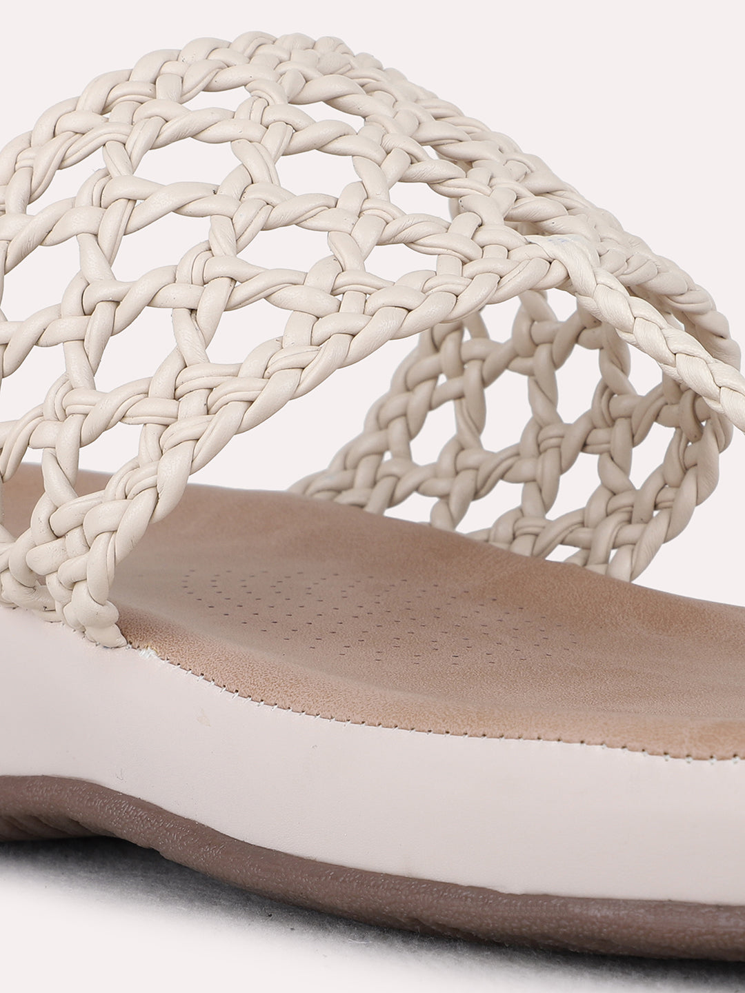 Womens Beige Casual Solid T-Strap Flat Sandals