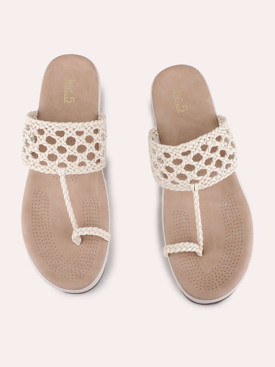 Womens Beige Casual Solid T-Strap Flat Sandals