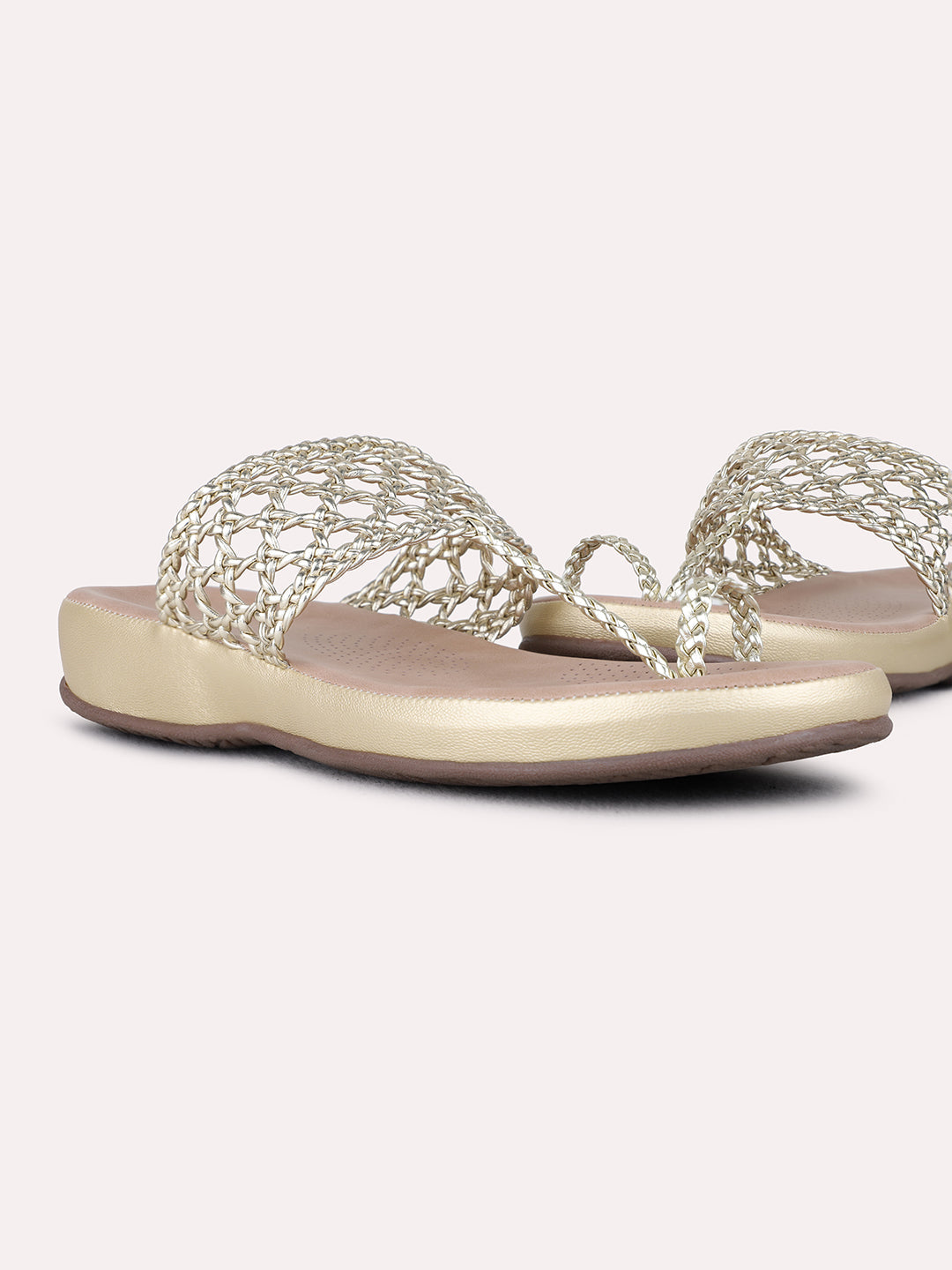 Womens Golden Casual Printed T-Strap Flat Sandals