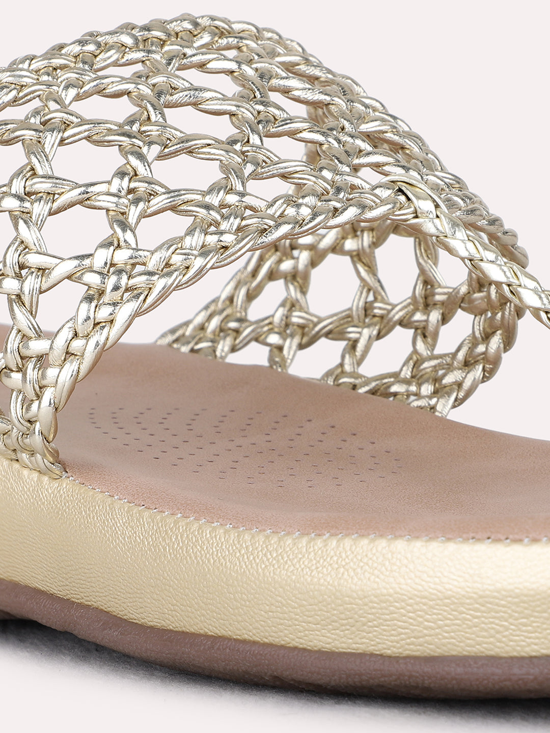 Womens Golden Casual Printed T-Strap Flat Sandals