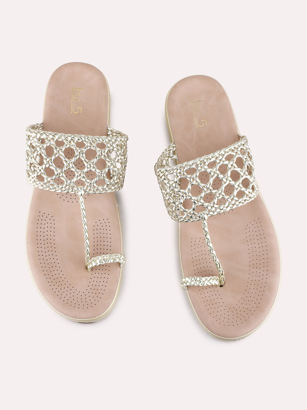 Womens Golden Casual Printed T-Strap Flats