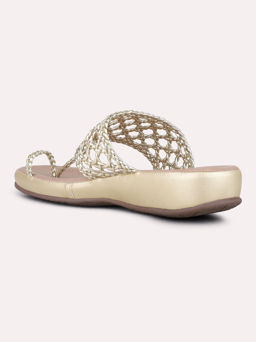Womens Golden Casual Printed T-Strap Flats